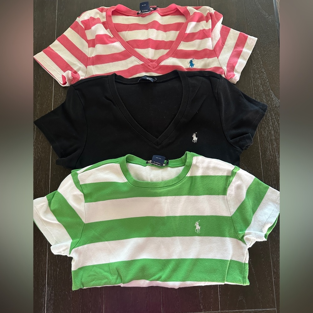 Ralph Lauren Women's Short Sleeve Tops - Pink, Black, Green Stripes